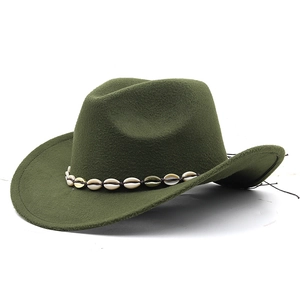 Detail of olive green wool fedora hat with unique white seashell decorative band