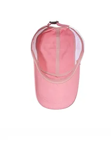Interior view of pink quick-dry baseball cap with white breathable mesh and adjustable strap