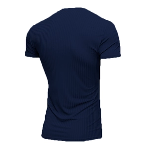 Rear view of dark blue ribbed texture short sleeve T-shirt with V-neck on white background