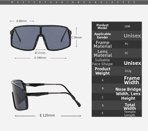 Detailed dimension chart showing size specs for outdoor sports cycling sunglasses