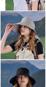 Detail of wide brim outdoor sun hat featuring adjustable wind rope and metal eyelets