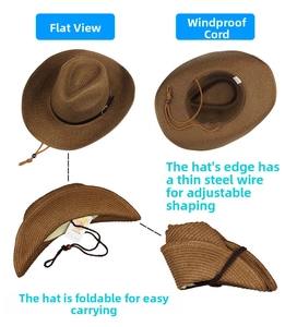 Détails du chapeau de paille marron avec bord en fil réglable et corde coupe-vent