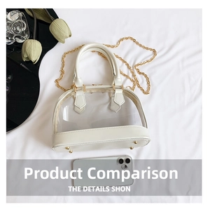 Detail view of mini white PVC shell bag with gold chain strap and smartphone for scale