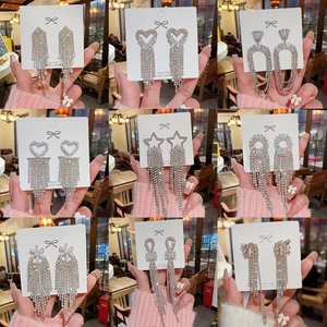 Sparkling 925 silver long tassel drop earrings in various geometric crystal designs
