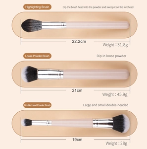 Detailed view of professional powder and highlighting brushes with soft fibers and length specs