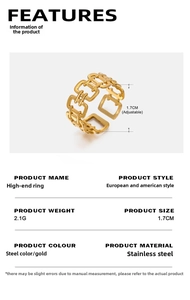 Detailed view of hollow chain link ring in 18K gold plated stainless steel with dimensions