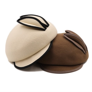 Cute Japanese style wool beret with ear accents in beige and dark brown colors
