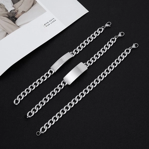Men's hip hop silver stainless steel Cuban link bracelets with rectangular engravable ID plates