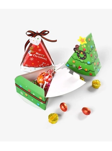 Detailed view of red and green Christmas tree triangle candy boxes with ribbon bows