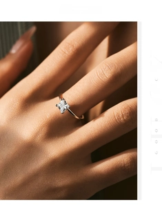 Gros plan d'une bague diamant taille princesse avec serti à quatre griffes sur le doigt