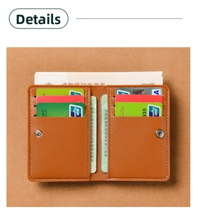 Brown grainy leather wallet detail showing six card slots and transparent ID window