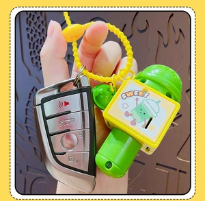 Close-up of a green cartoon microphone keychain with Sweet text next to a car key