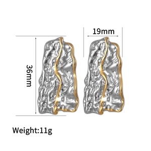Two-tone hammered stainless steel earrings with irregular texture, 36mm height dimension