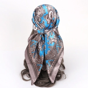 Sky blue satin paisley scarf for women featuring premium floral print and silk-like texture