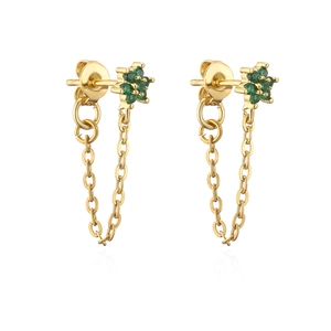 Detail of gold flower stud earrings with green zircon and delicate cable chain drop