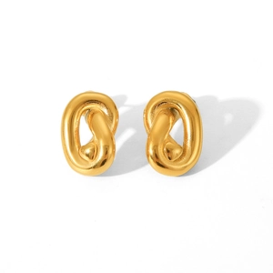 Detail of 18K gold plated stainless steel twisted knot earrings with a polished finish