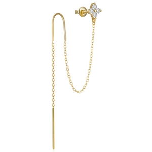 Detailed close-up of S925 silver flower stud earring with long chain tassel and zircon stone
