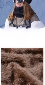 Detail of winter neck warmer featuring thick brown faux fur lining and grey knit exterior