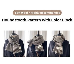Three ways to wear a thick knit houndstooth scarf showing soft wool texture and patterns