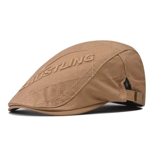 Vintage khaki plaid flat cap with quilted pattern and BUSTLING embossed logo for men