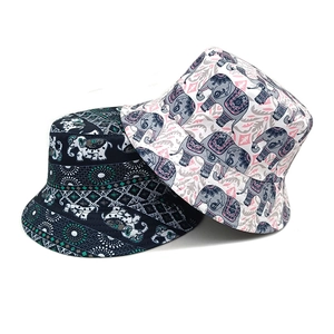 Ethnic elephant pattern bucket hat set in navy blue and cream white for outdoor sun protection