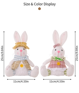 Detailed size display of two plush Easter bunnies in white, yellow, and pink colors