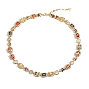 Vintage gold choker necklace with colorful rectangular and round synthetic gemstones