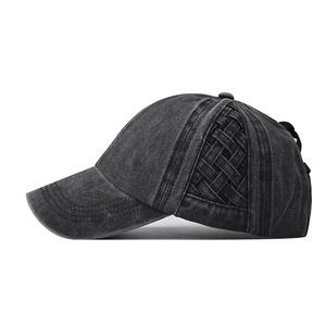 Distressed dark grey washed cotton baseball cap with unique criss-cross mesh design