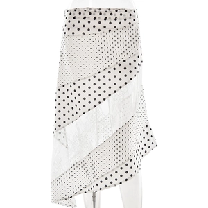 Women's summer white polka dot midi skirt with lace inserts and irregular hemline