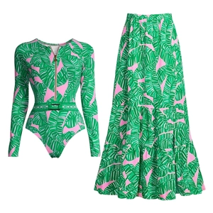 Women Long Sleeve Rash Guard Swimsuit Tropical Leaf Print Front Zipper Surfing Bathing Suit With Belt Skirt Shorts