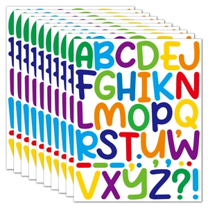 Detailed view of 10 sheets of colorful waterproof vinyl 2-inch alphabet letter stickers