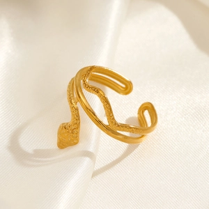 Chic 18K gold plated snake-shaped open ring with detailed scale texture on white satin