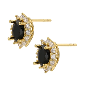 Luxury gold stud earrings with oval black gemstones and sparkling zircon micro-pavé halos