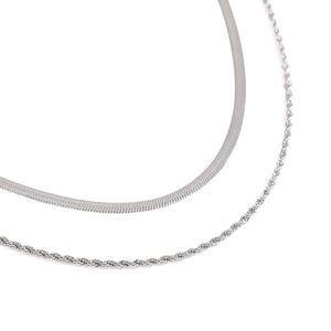Minimalist silver stainless steel snake chain and rope chain necklace set on white background