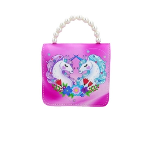 Cute kids unicorn mini handbag with pearl handle and pink gradient floral pattern