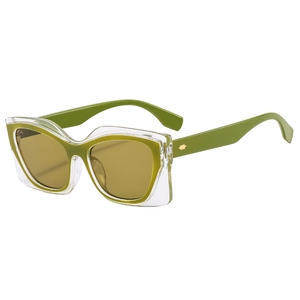 Modern square two-tone sunglasses with green temples and brown lenses on white background