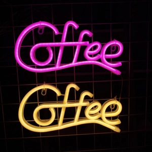 Pink and warm white LED coffee neon signs on a black metal grid wall for bar decor