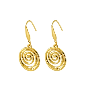 Vintage gold plated stainless steel geometric spiral drop earrings on white background