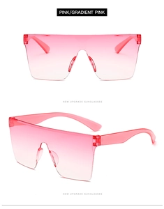 Detailed front and side view of pink gradient oversized rimless shield sunglasses