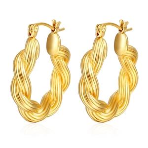 Classic 18k gold twisted rope hoop earrings with a high-shine polished finish on white background