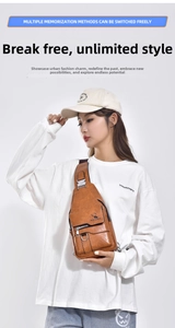 Brown faux leather chest bag showing metallic buckle detail and front zipper pocket