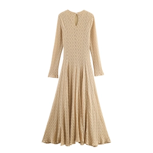 Elegant beige long sleeve knitted dress with A-line skirt and keyhole back detail