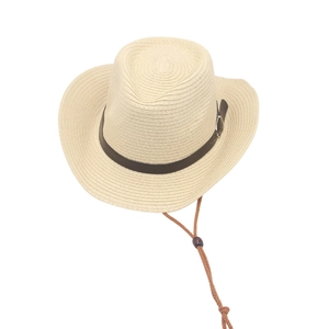 Light beige Western straw cowboy hat with brown leather band and adjustable wind rope