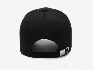 Rear view of black embroidery baseball cap showing honeycomb texture and metal buckle