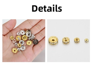 Macro detail of rhinestone rondelle spacers in multiple sizes and metallic plating colors