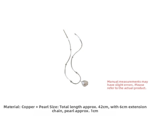 Detail showing the 42cm copper chain and 1cm pearl pendant with size specifications