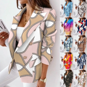 Blazer Doppio Petto Da Donna Giacca Manica Lunga Stampata Revers Vestibilità Aderente Business Casual Poliestere