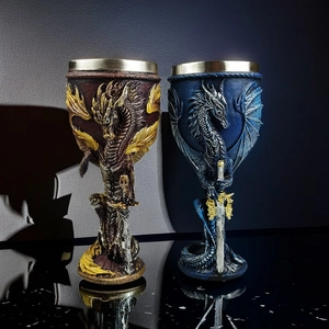 Dragon-shaped wine chalice with stainless steel liner in red-gold and blue-gold designs