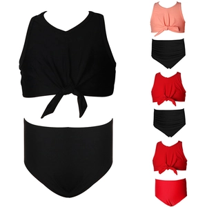 Girls Swimsuit High Waisted Bikini Top And Bottom Knot Front Back Cutout Nylon Beachwear Solid Color Bathing Suit