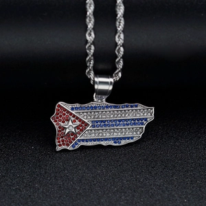 Cuba Puerto Rico Flag Map Pendant Necklace Stainless Steel Iced Out Rhinestone Hip Hop Jewelry For Men Women
